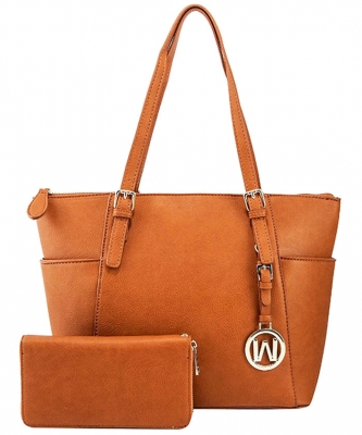 Fashion Faux Handbag with Matching Wallet Set WU1009W TAN